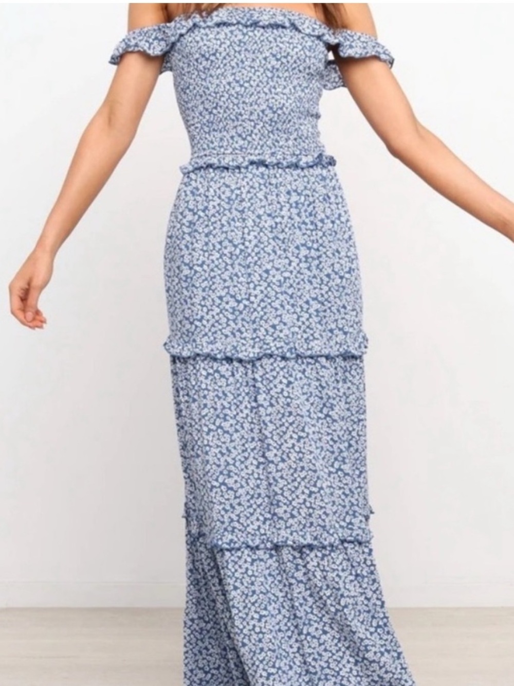 Altar'd State Blue & White Floral Smocked Tiered Maxi Dress Size Medium